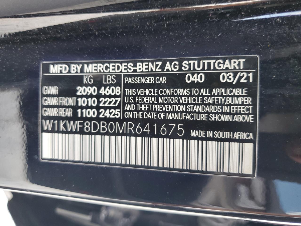 2021 Mercedes-Benz C 300 VIN: W1KWF8DB0MR641675 Lot: 70875155