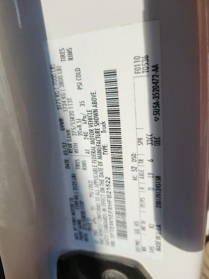 2017 Ford F150 Supercrew VIN: 1FTEW1EF8HFB21522 Lot: 69885005