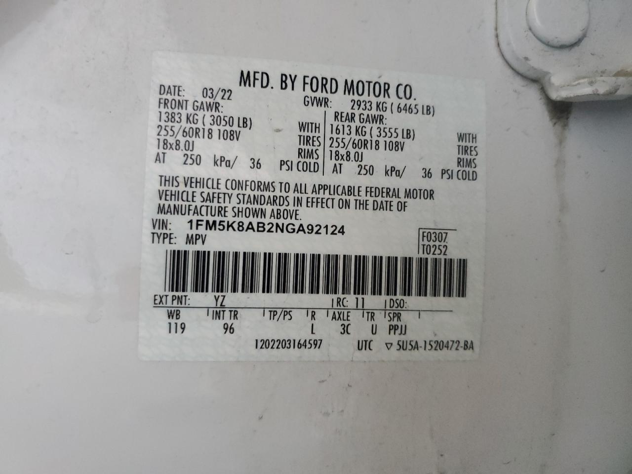 2022 Ford Explorer Police Interceptor VIN: 1FM5K8AB2NGA92124 Lot: 68498285