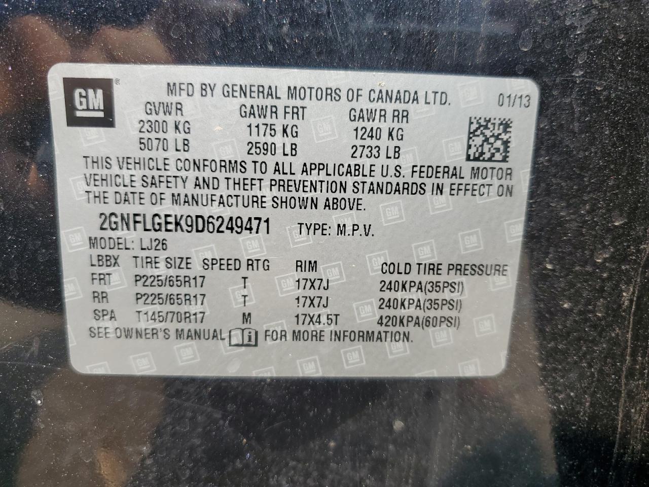 2013 Chevrolet Equinox Ltz VIN: 2GNFLGEK9D6249471 Lot: 66681675
