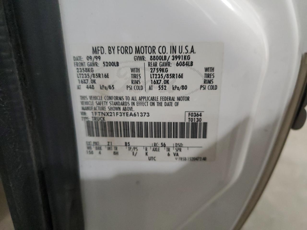 2000 Ford F250 Super Duty VIN: 1FTNX21F3YEA61373 Lot: 69058985