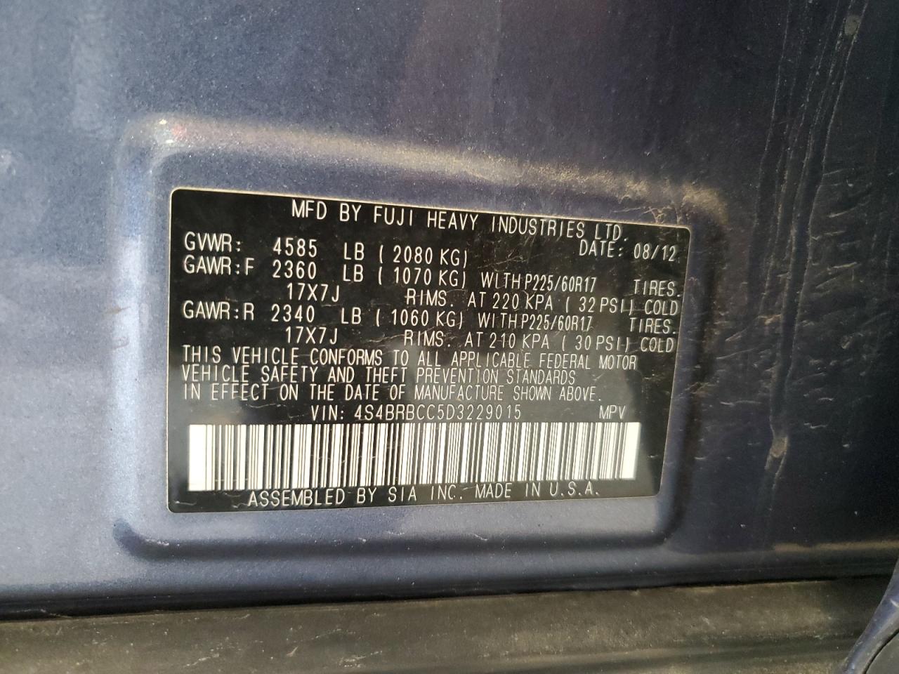 4S4BRBCC5D3229015 2013 Subaru Outback 2.5I Premium