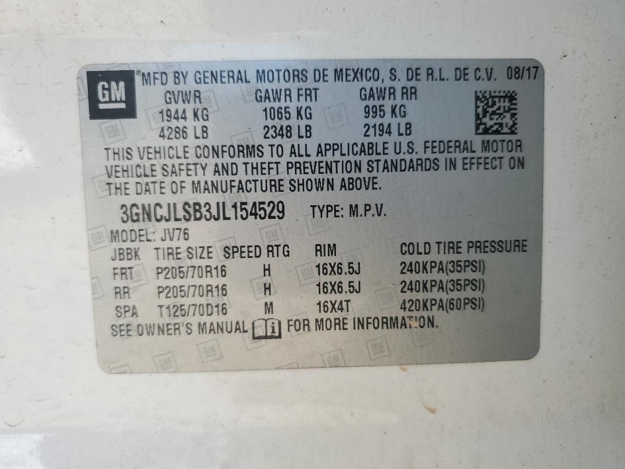 2018 Chevrolet Trax 1Lt VIN: 3GNCJLSB3JL154529 Lot: 68461655