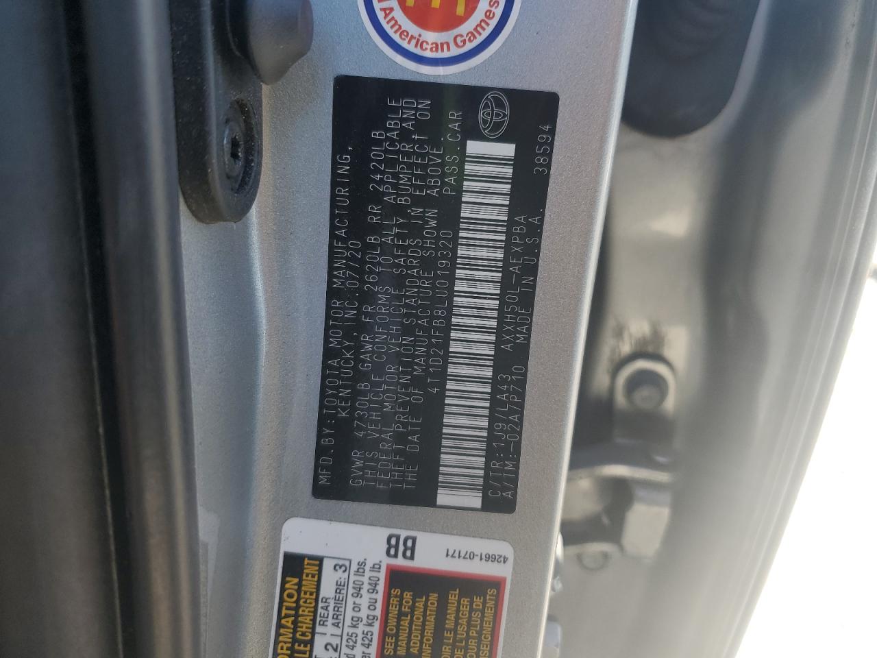 2020 Toyota Avalon Limited VIN: 4T1D21FB8LU019320 Lot: 68189145