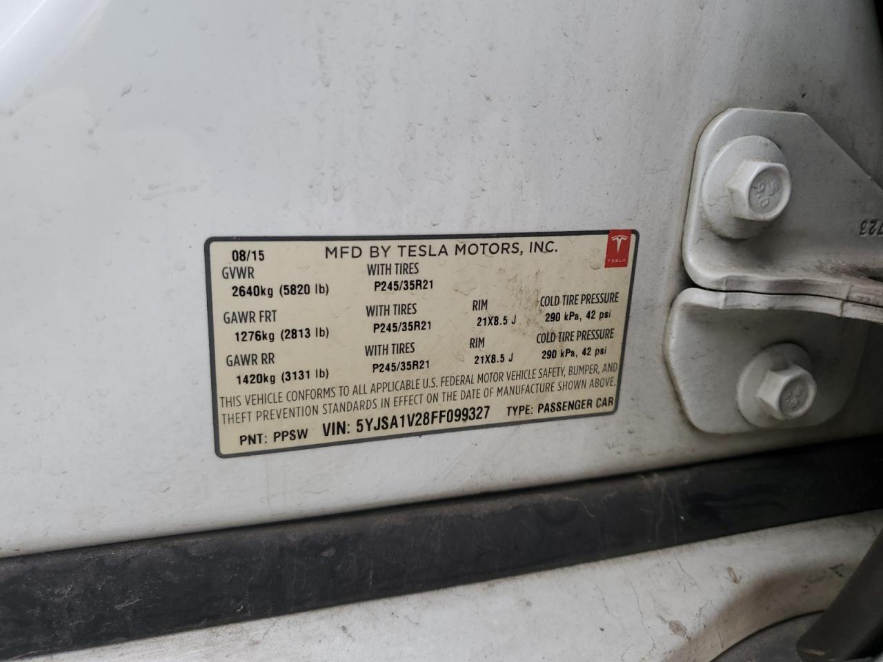 2015 Tesla Model S 90D VIN: 5YJSA1V28FF099327 Lot: 69627875