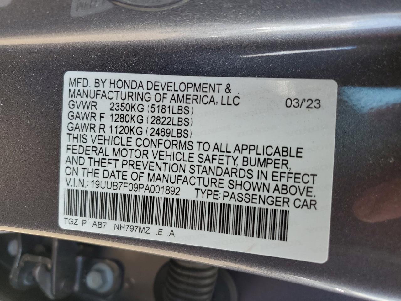 2023 Acura Tlx Type S Pmc Edition VIN: 19UUB7F09PA001892 Lot: 70334625