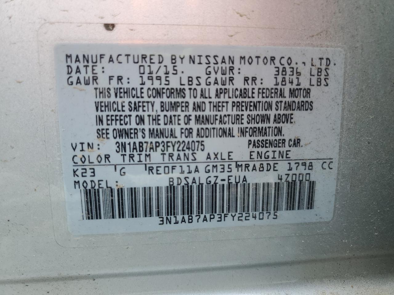 2015 Nissan Sentra S VIN: 3N1AB7AP3FY224075 Lot: 69080555