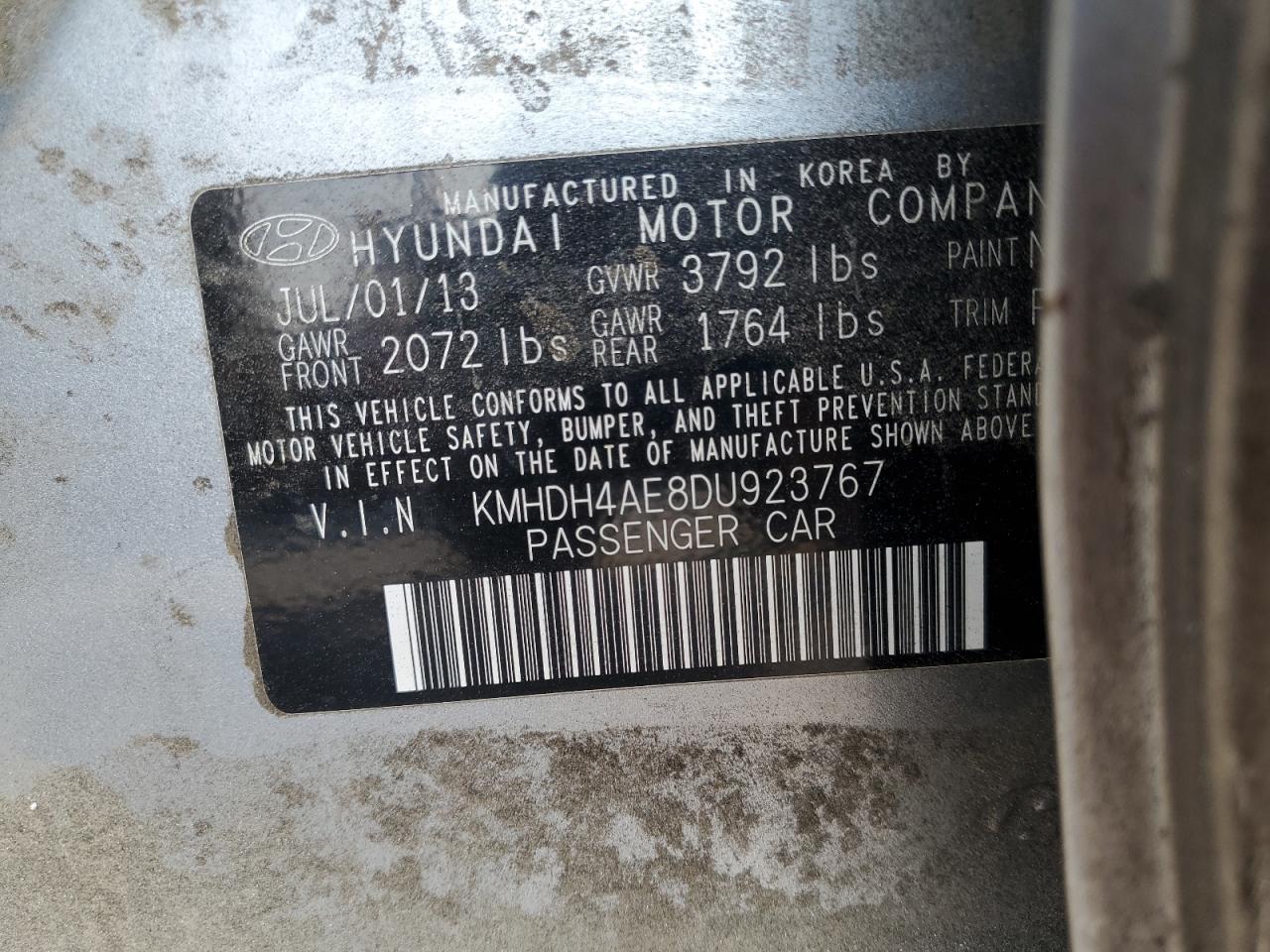 2013 Hyundai Elantra Gls VIN: KMHDH4AE8DU923767 Lot: 68843975