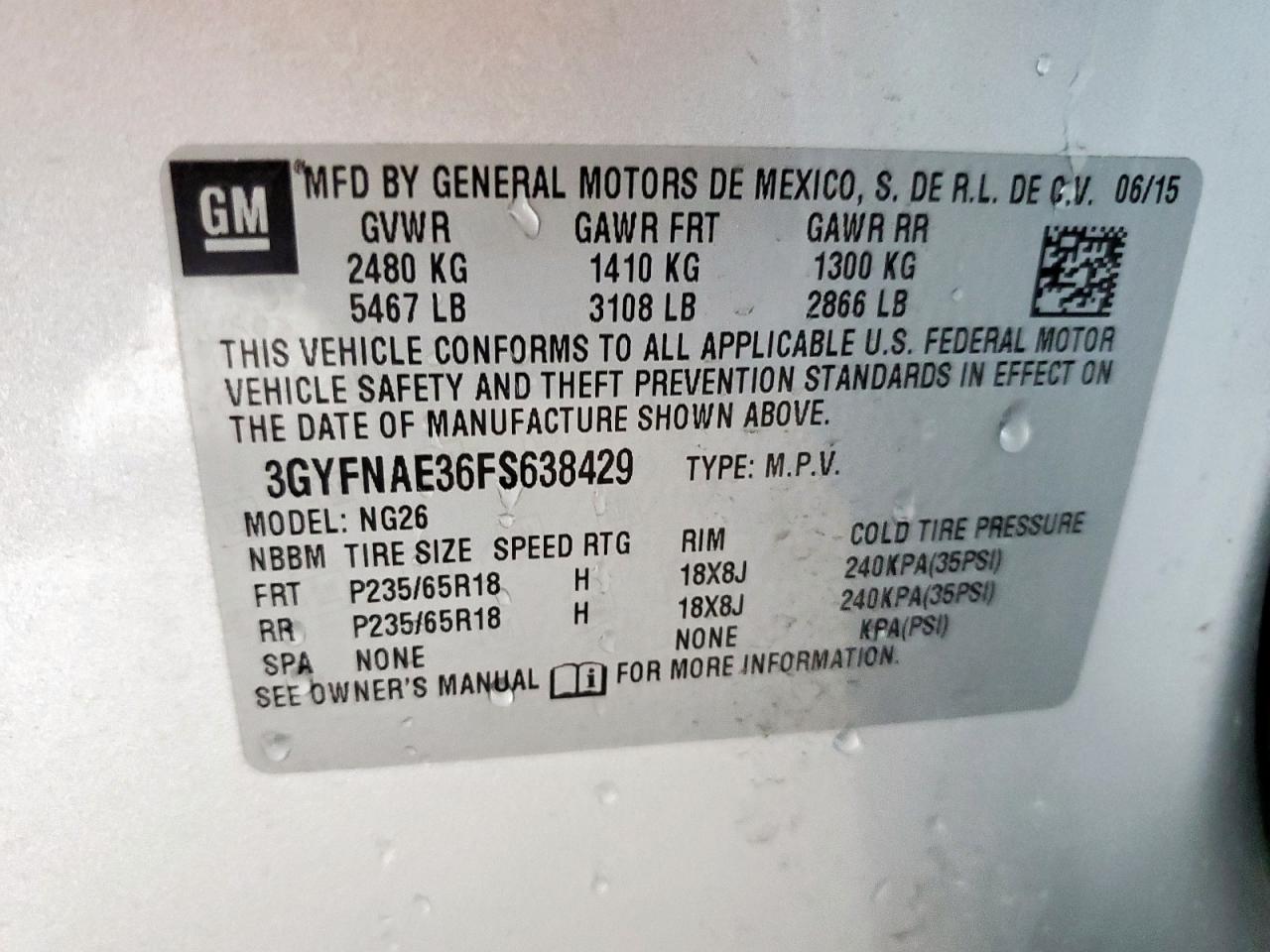 2015 Cadillac Srx VIN: 3GYFNAE36FS638429 Lot: 70184185