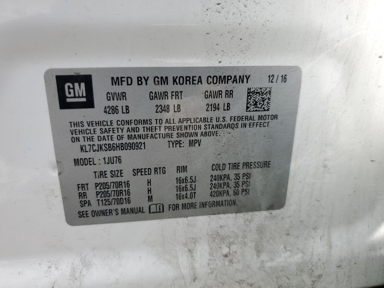 2017 Chevrolet Trax Ls VIN: KL7CJKSB6HB090921 Lot: 70415095