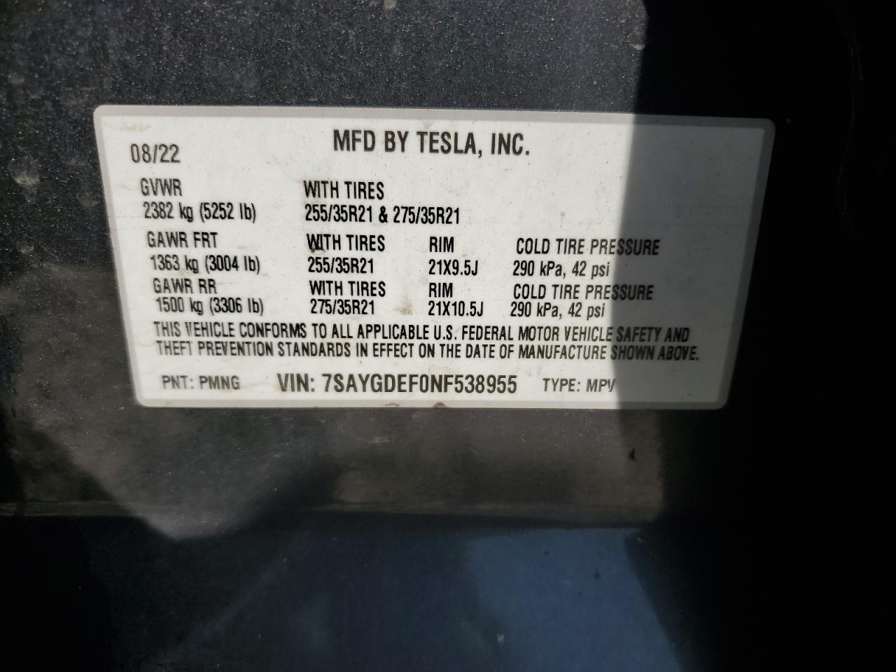 2022 Tesla Model Y VIN: 7SAYGDEF0NF538955 Lot: 67915775