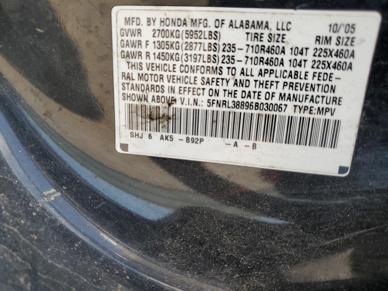 2006 Honda Odyssey Touring VIN: 5FNRL38896B030067 Lot: 68197975