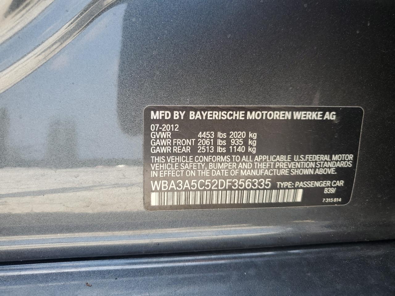 2013 BMW 328 I VIN: WBA3A5C52DF356335 Lot: 68651245