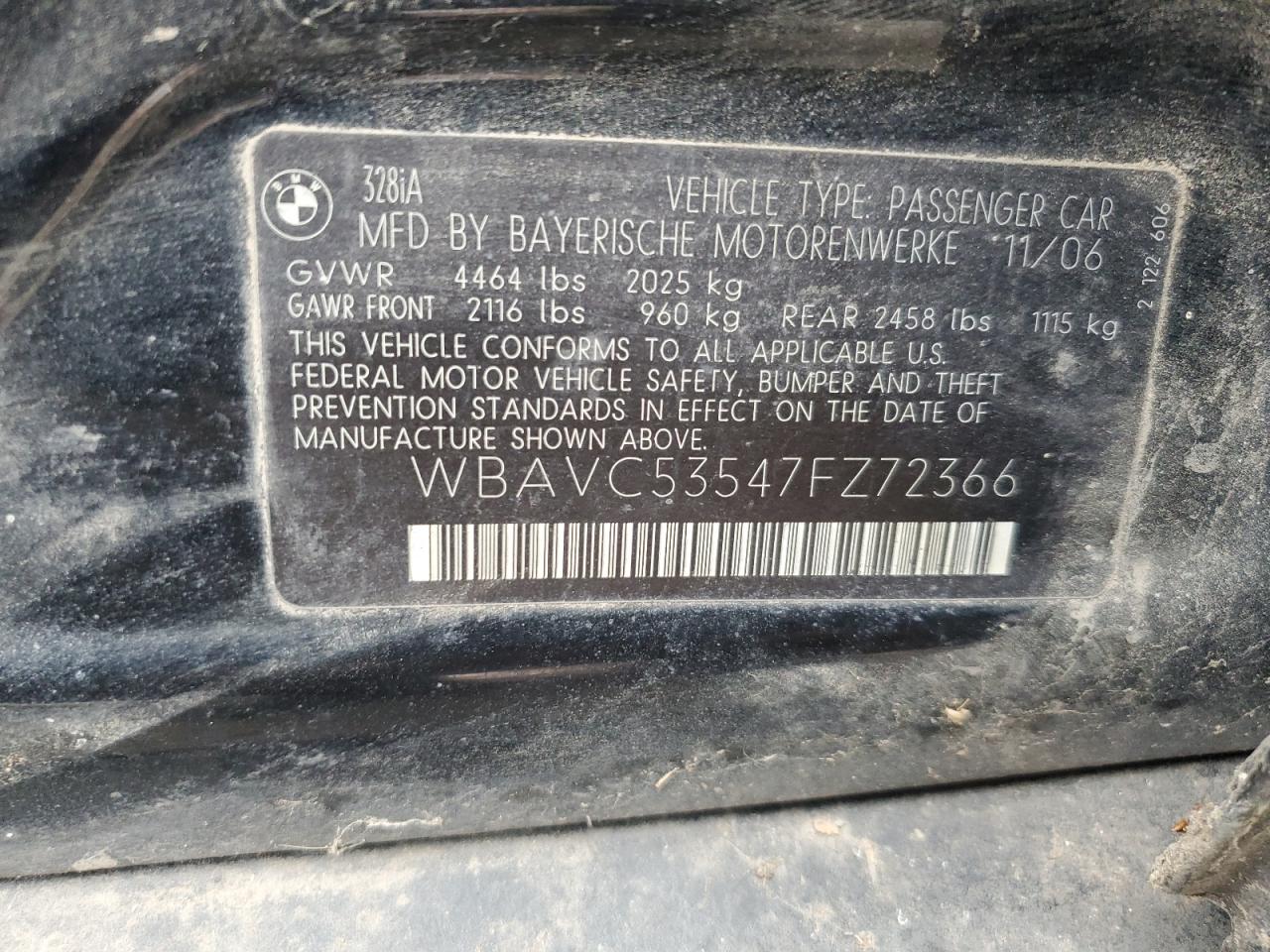2007 BMW 328 I Sulev VIN: WBAVC53547FZ72366 Lot: 70285475