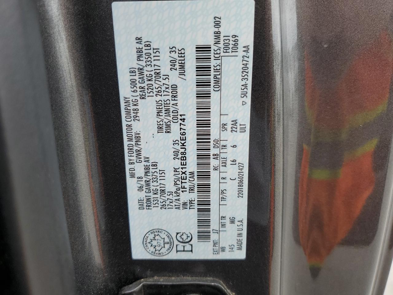 2018 Ford F150 Super Cab VIN: 1FTEX1EB8JKE67741 Lot: 67124585