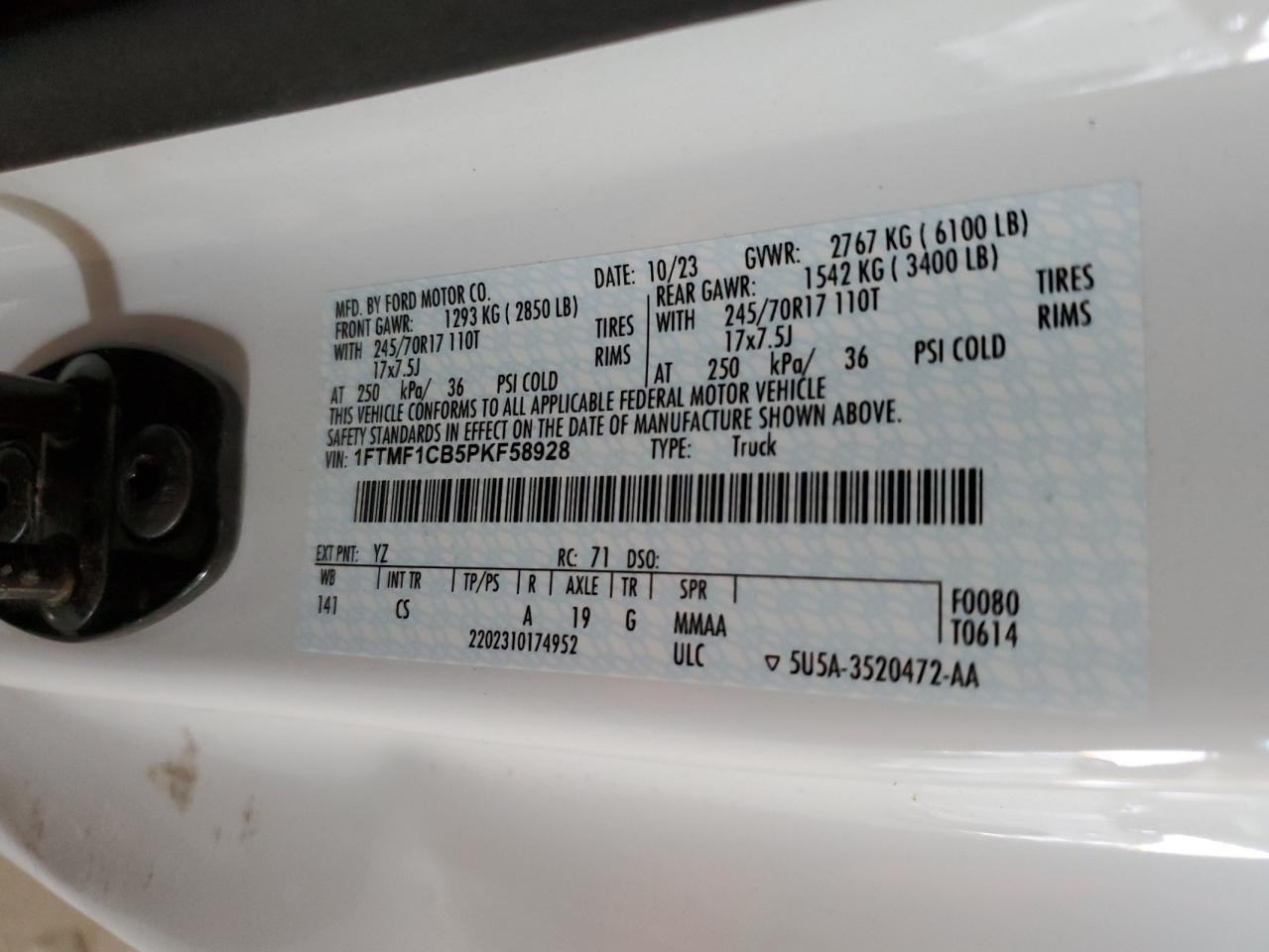 2023 Ford F150 VIN: 1FTMF1CB5PKF58928 Lot: 67193705