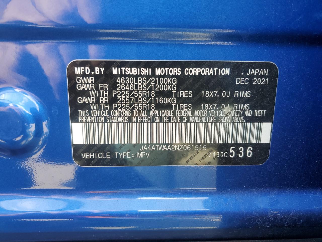 2022 Mitsubishi Eclipse Cross Se VIN: JA4ATWAA2NZ061515 Lot: 69115625