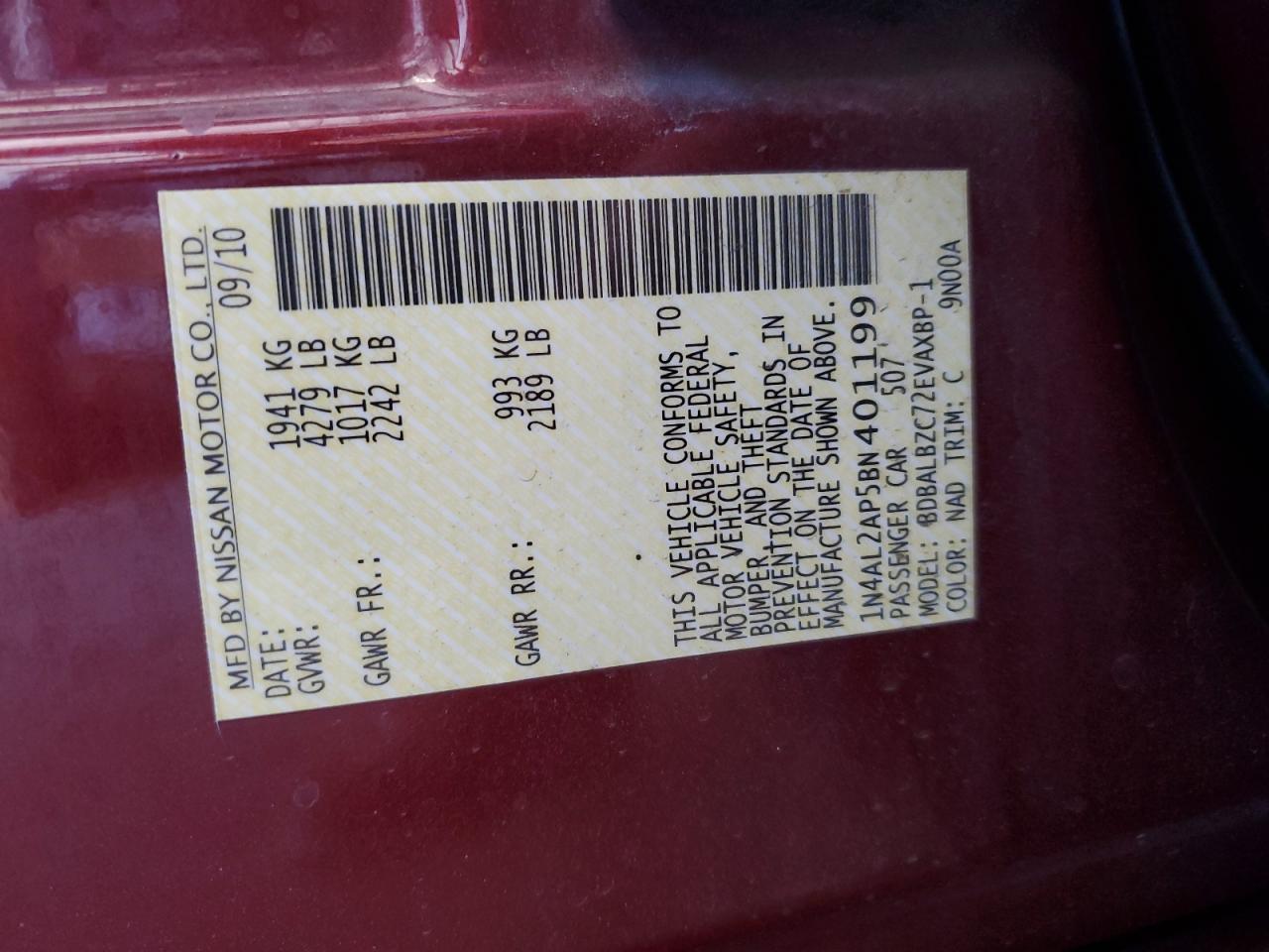 2011 Nissan Altima Base VIN: 1N4AL2AP5BN401199 Lot: 69881215