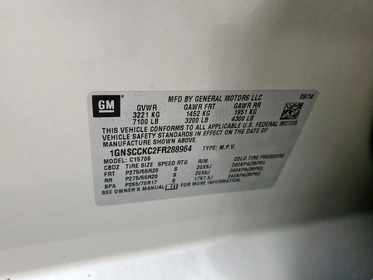 2015 Chevrolet Tahoe C1500 Ltz VIN: 1GNSCCKC2FR288964 Lot: 70378225