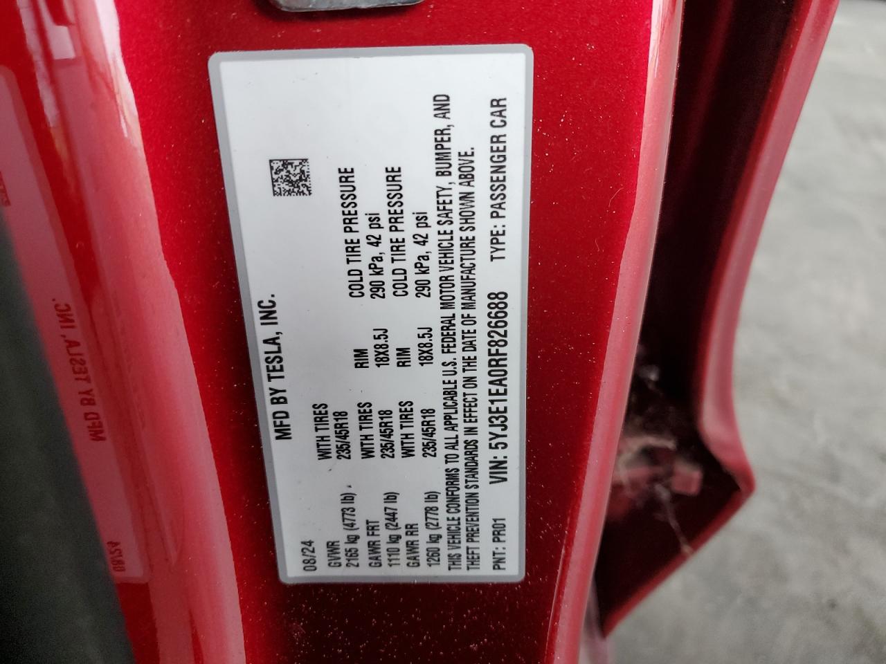 2024 Tesla Model 3 VIN: 5YJ3E1EA0RF826688 Lot: 67909565