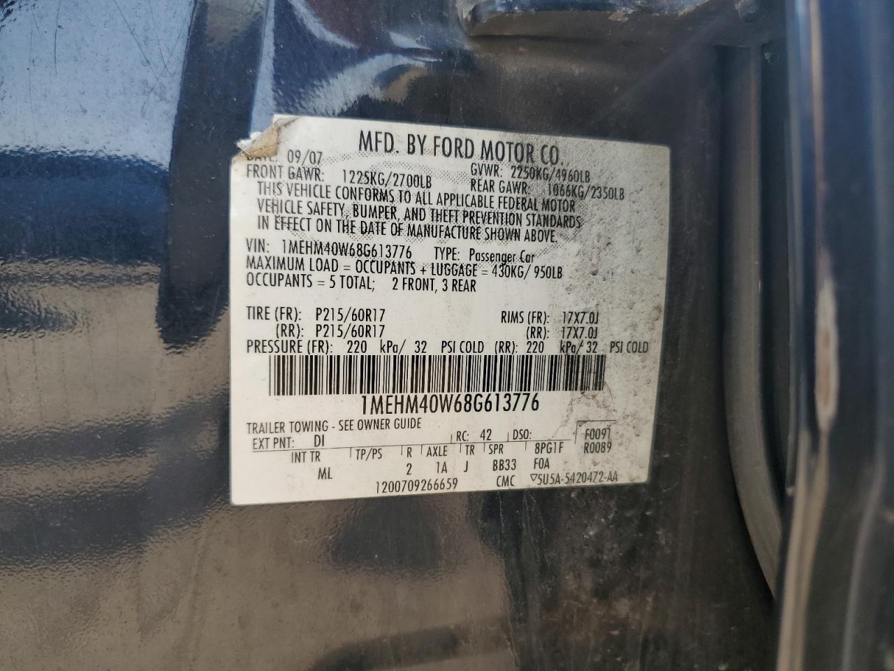 2008 Mercury Sable Luxury VIN: 1MEHM40W68G613776 Lot: 67950605