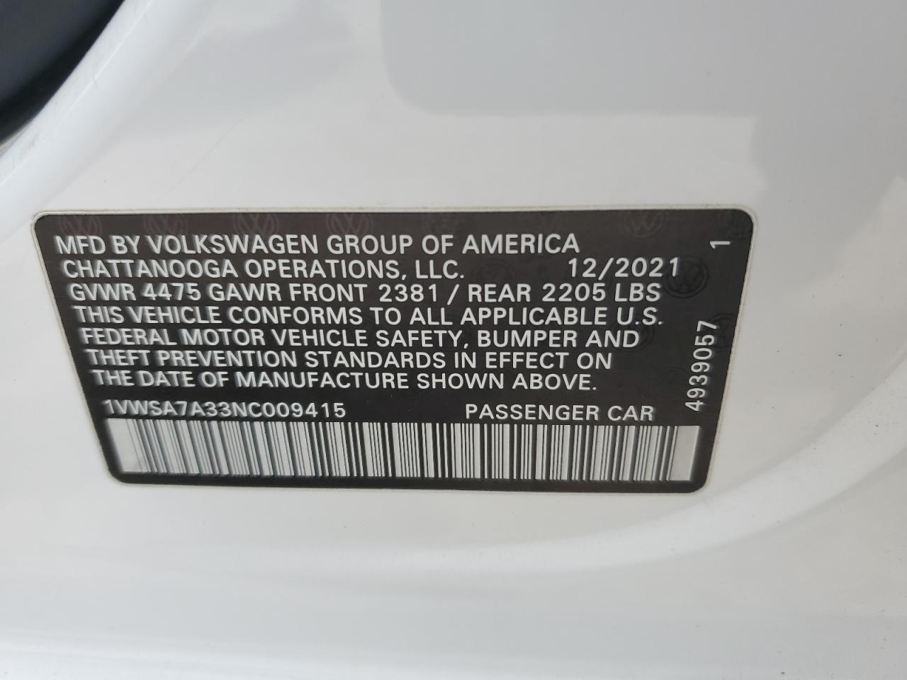 2022 Volkswagen Passat Se VIN: 1VWSA7A33NC009415 Lot: 70178495