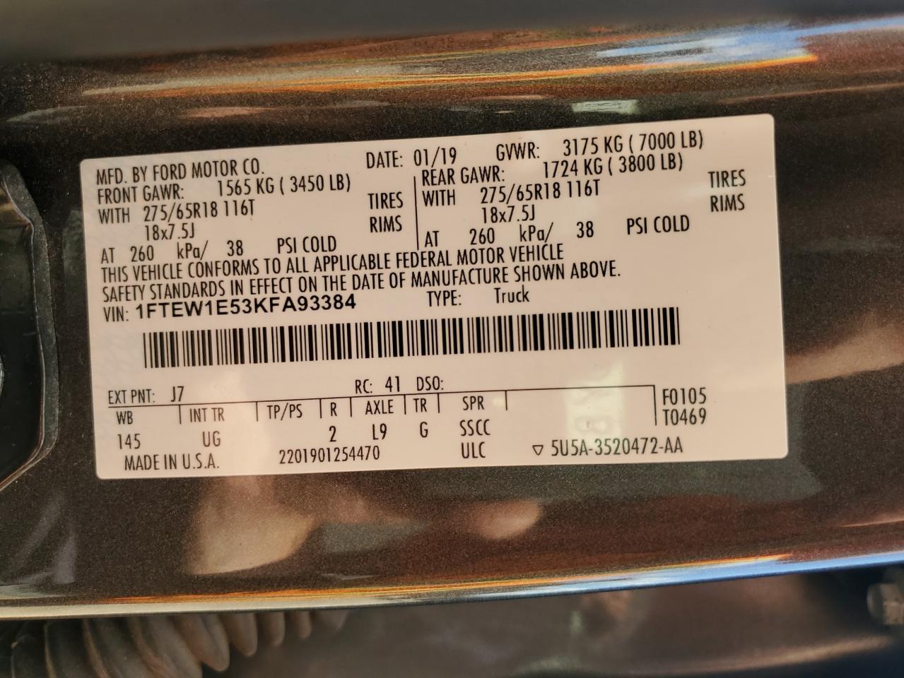 2019 Ford F150 Supercrew VIN: 1FTEW1E53KFA93384 Lot: 69379685