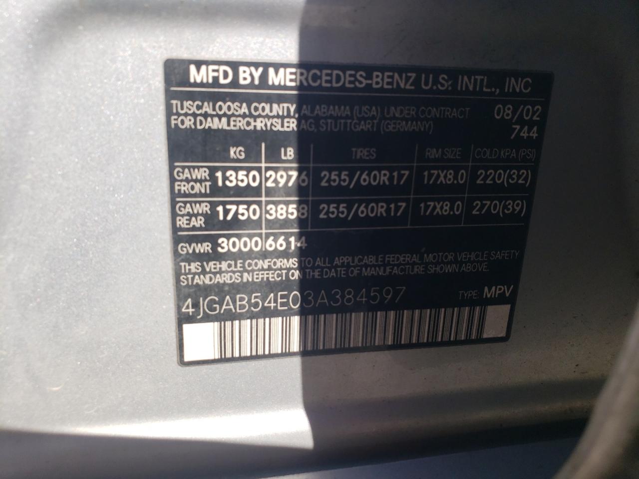 2003 Mercedes-Benz Ml 320 VIN: 4JGAB54E03A384597 Lot: 67664535