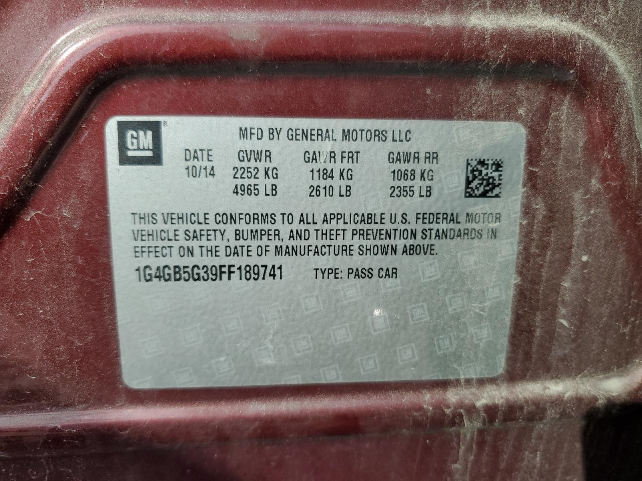 2015 Buick Lacrosse VIN: 1G4GB5G39FF189741 Lot: 67575725