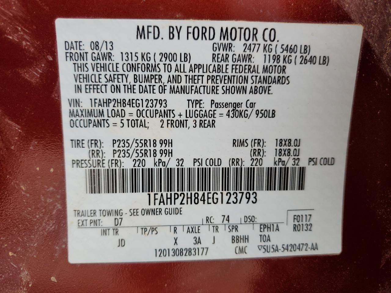 2014 Ford Taurus Sel VIN: 1FAHP2H84EG123793 Lot: 66620115