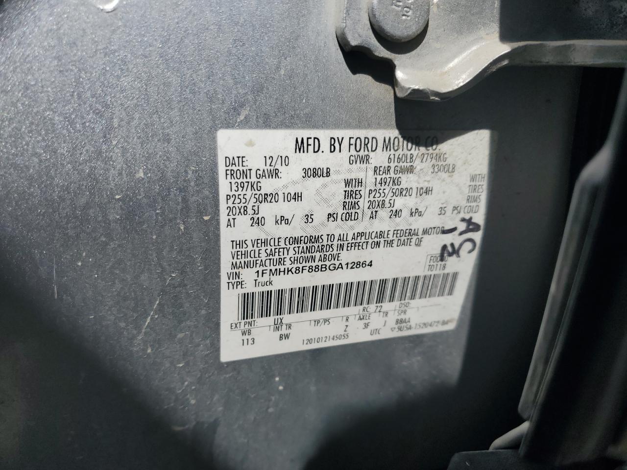 2011 Ford Explorer Limited VIN: 1FMHK8F88BGA12864 Lot: 70008195