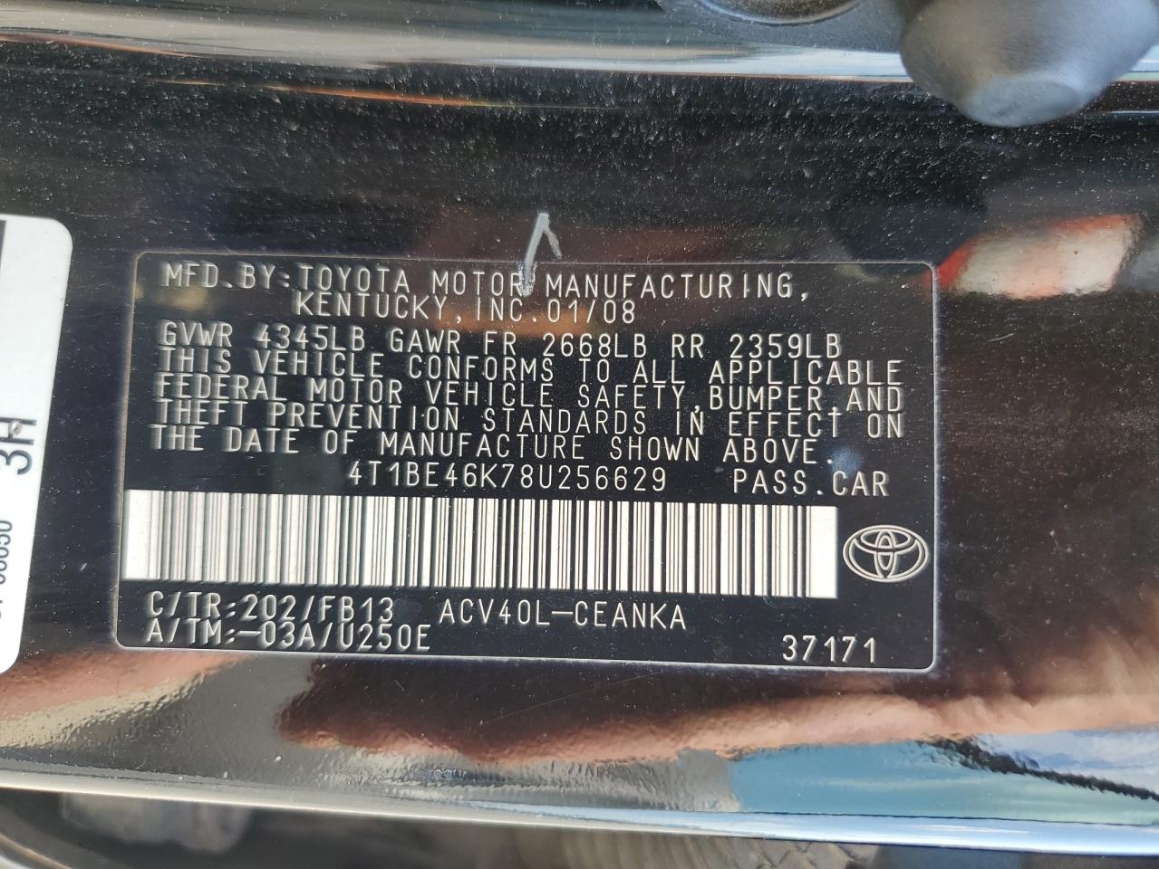 2008 Toyota Camry Ce VIN: 4T1BE46K78U256629 Lot: 67684455