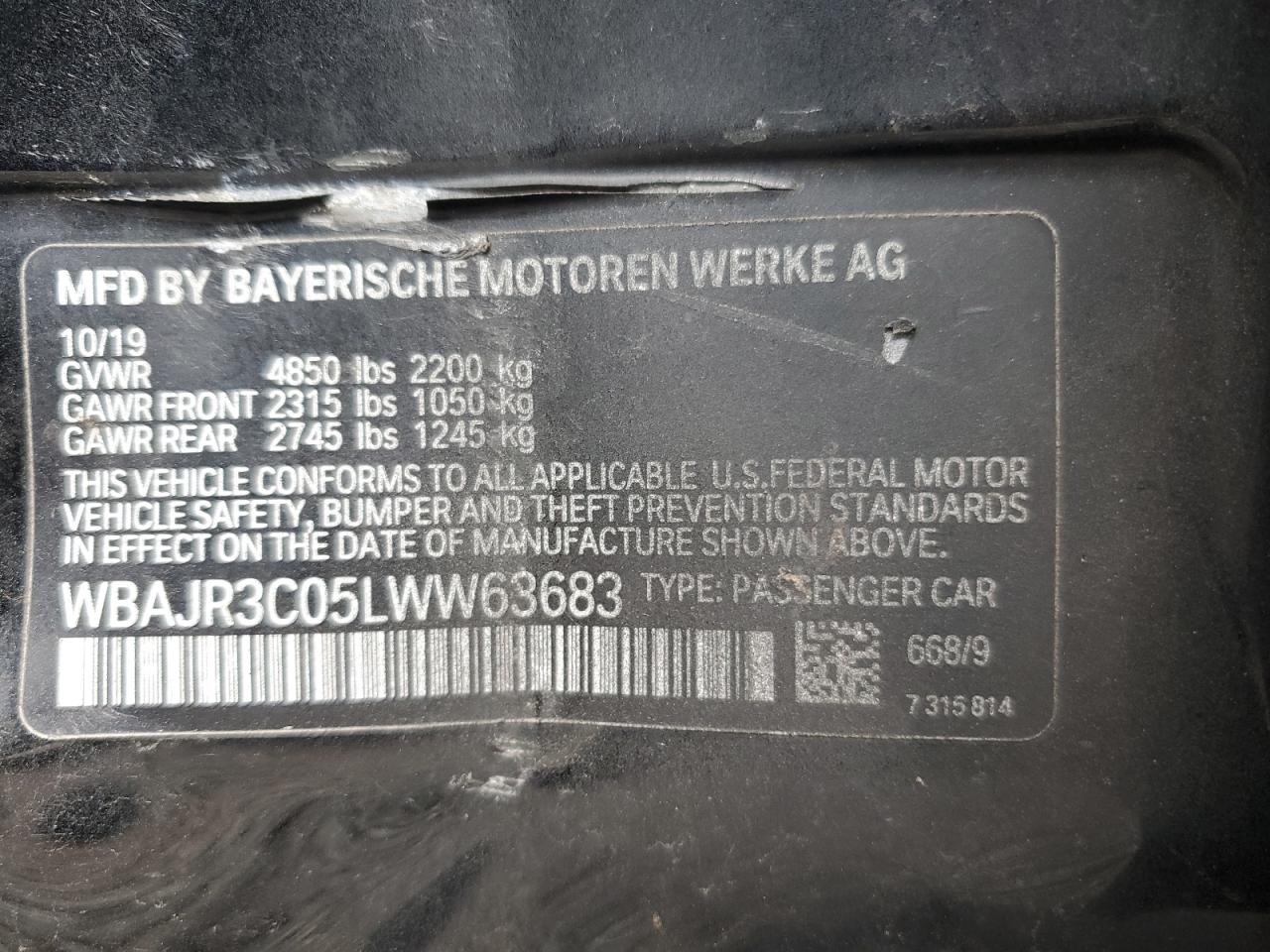 2020 BMW 530 I VIN: WBAJR3C05LWW63683 Lot: 70264255