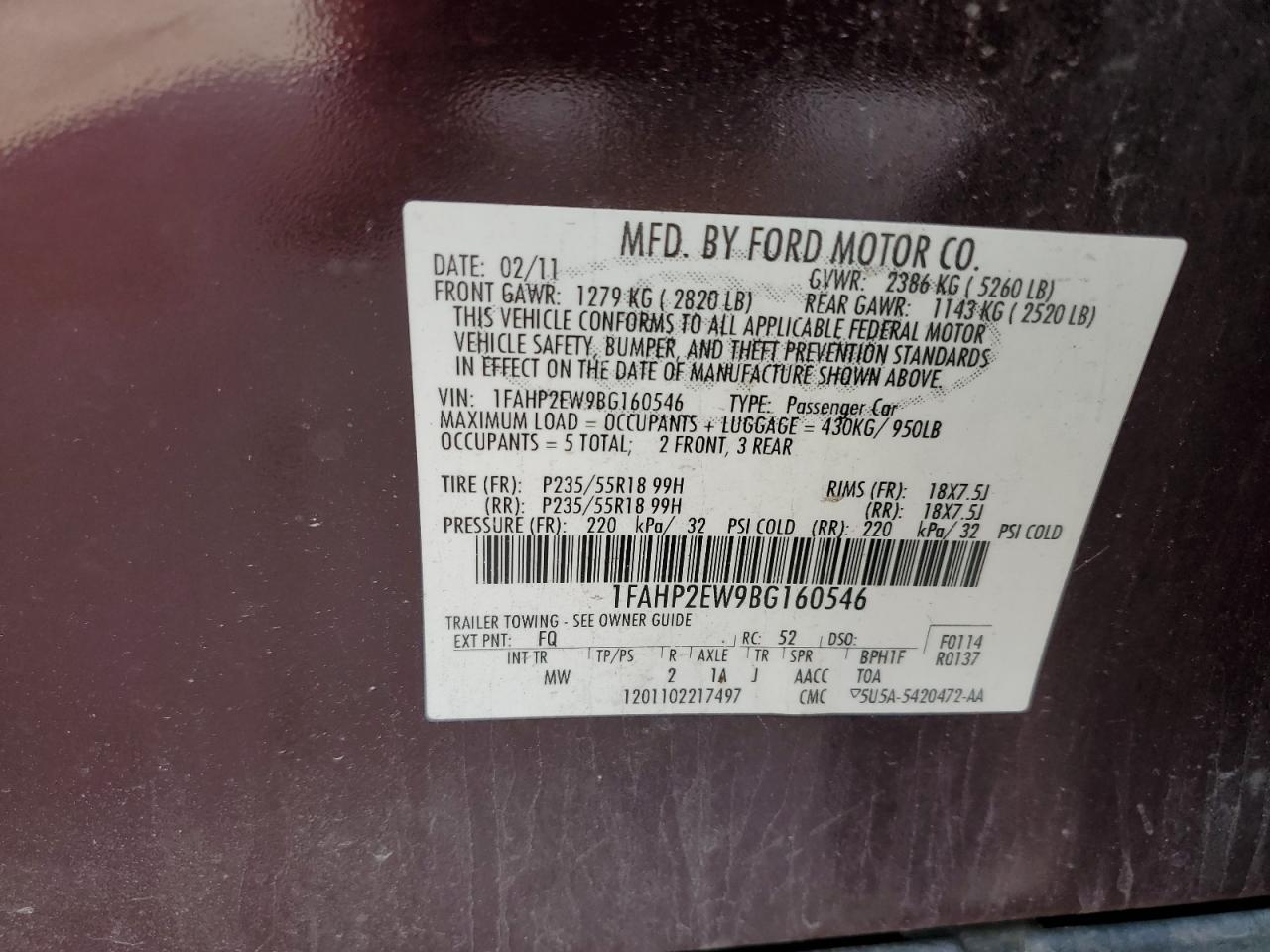 2011 Ford Taurus Sel VIN: 1FAHP2EW9BG160546 Lot: 69209875