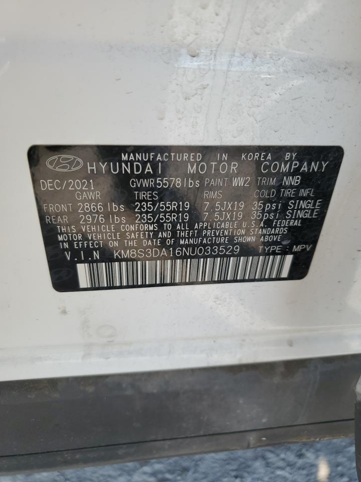 2022 Hyundai Santa Fe Sel Premium VIN: KM8S3DA16NU033529 Lot: 69017985
