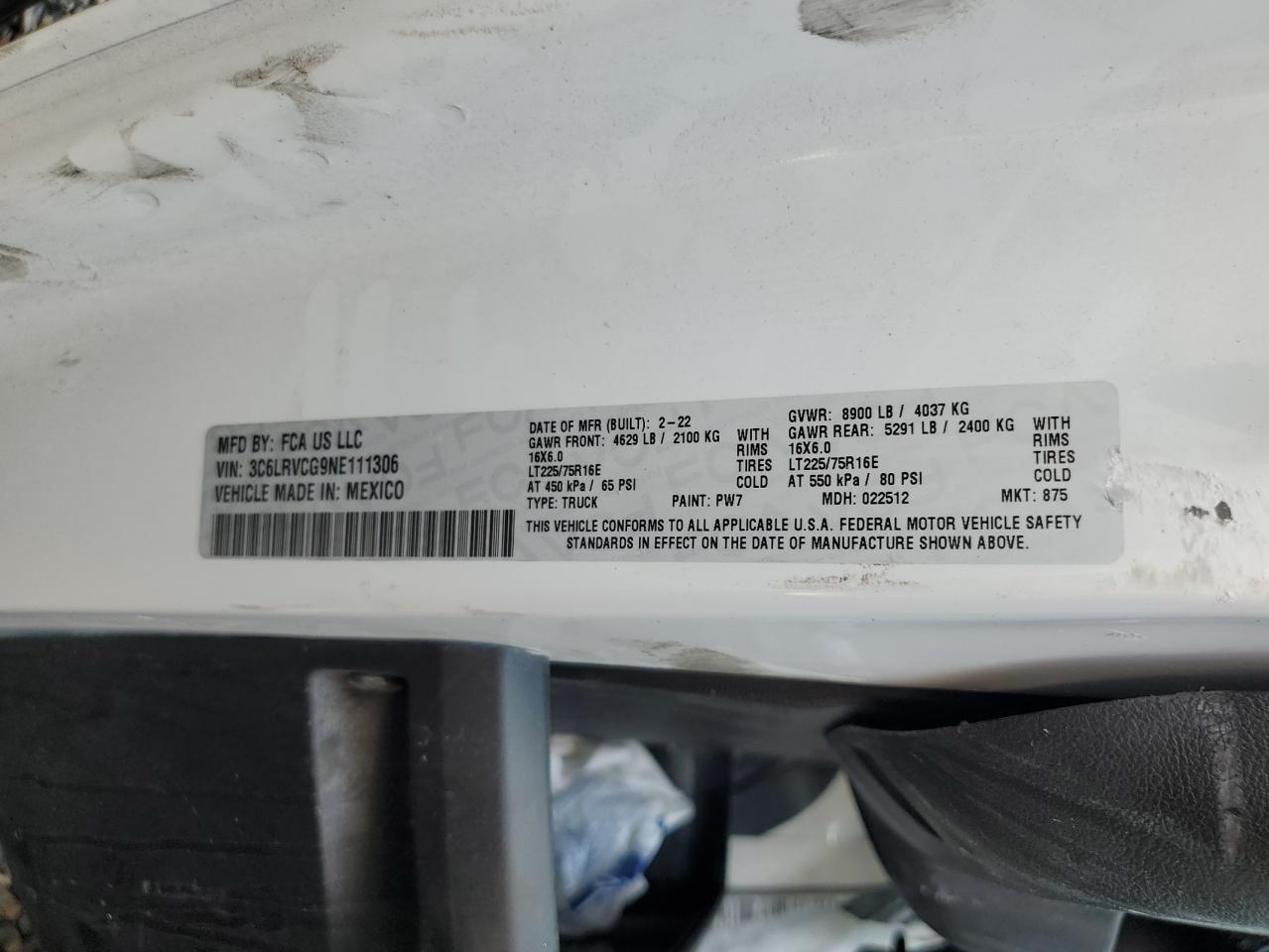 2022 Ram Promaster 2500 2500 High VIN: 3C6LRVCG9NE111306 Lot: 86196085