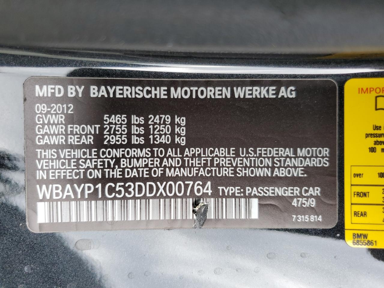 2013 BMW 650 Xi VIN: WBAYP1C53DDX00764 Lot: 70406425
