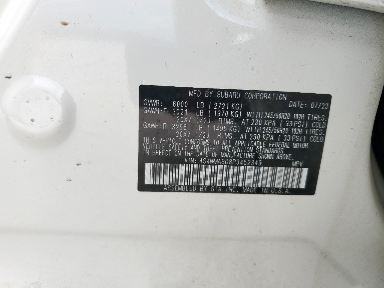 2023 Subaru Ascent Limited VIN: 4S4WMASD8P3452349 Lot: 70535005