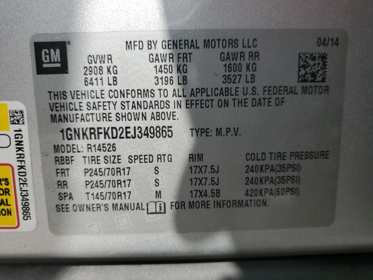 2014 Chevrolet Traverse Ls VIN: 1GNKRFKD2EJ349865 Lot: 67515875