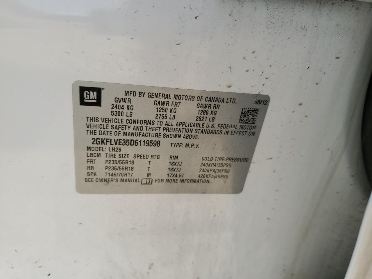 2013 GMC Terrain Slt VIN: 2GKFLVE35D6119598 Lot: 67095875