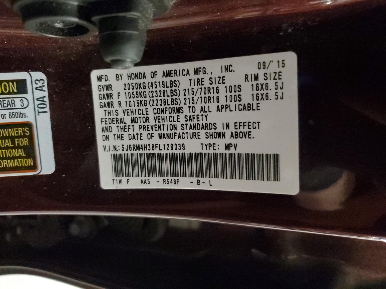 2015 Honda Cr-V Lx VIN: 5J6RM4H38FL129039 Lot: 66040755