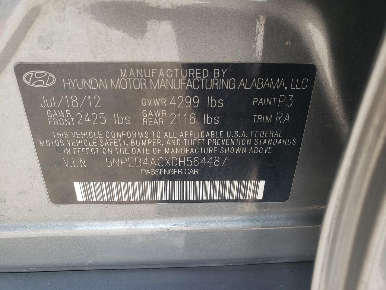 2013 Hyundai Sonata Gls VIN: 5NPEB4ACXDH564487 Lot: 70167425