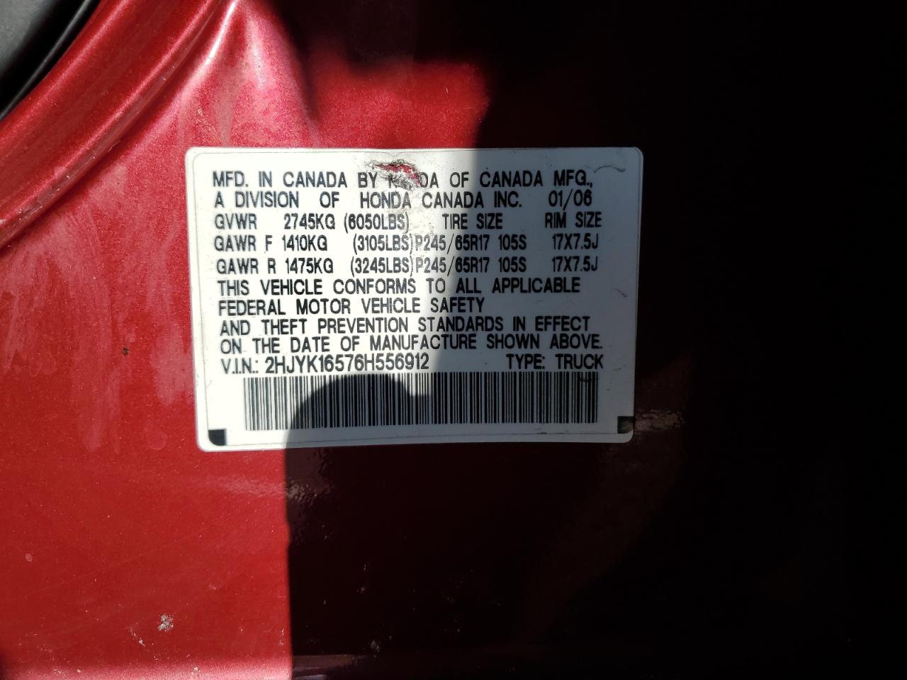 2006 Honda Ridgeline Rtl VIN: 2HJYK16576H556912 Lot: 70392855