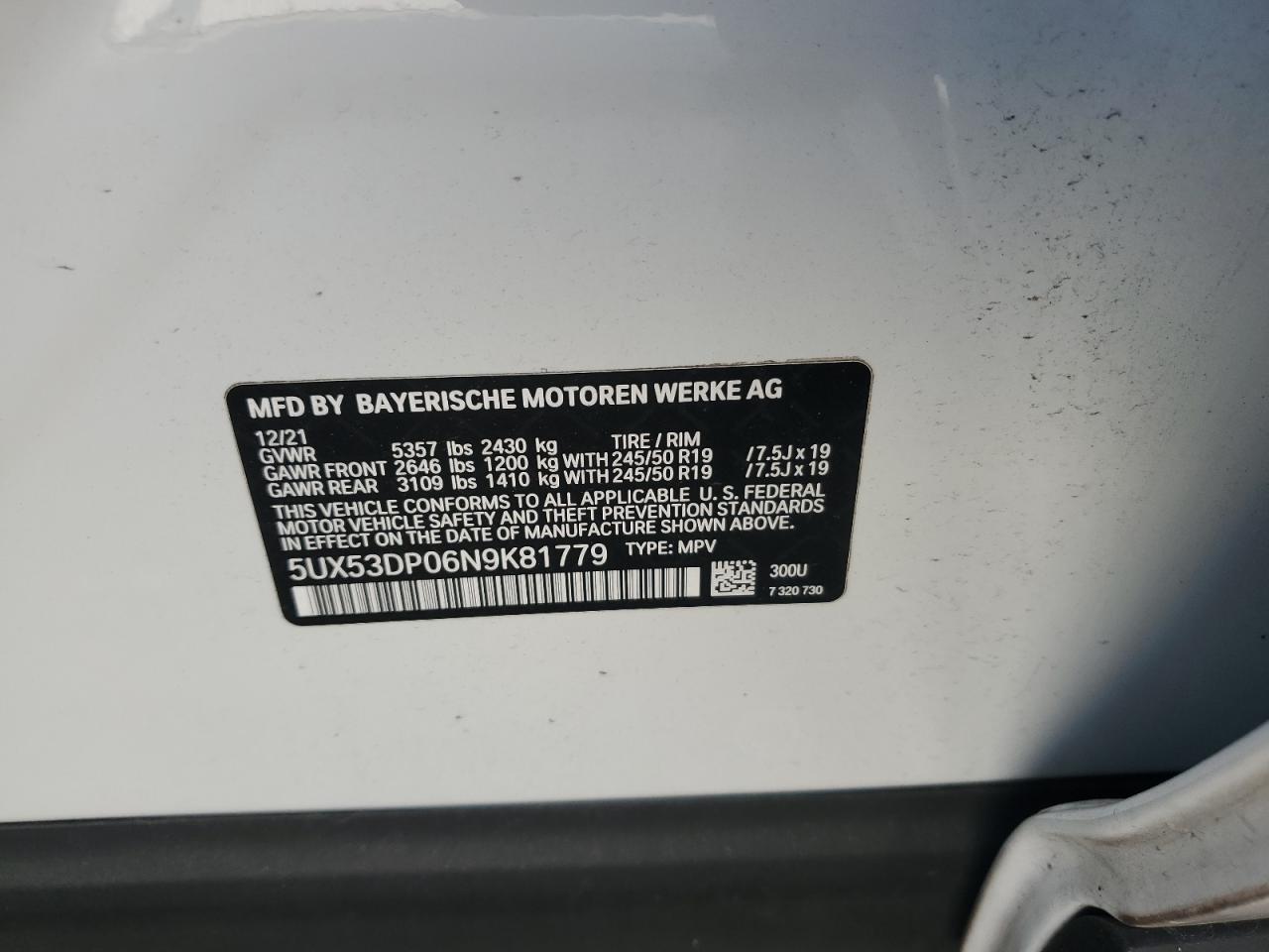 2022 BMW X3 xDrive30I VIN: 5UX53DP06N9K81779 Lot: 67181025