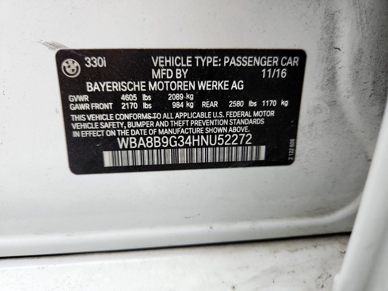 2017 BMW 330 I VIN: WBA8B9G34HNU52272 Lot: 69874495