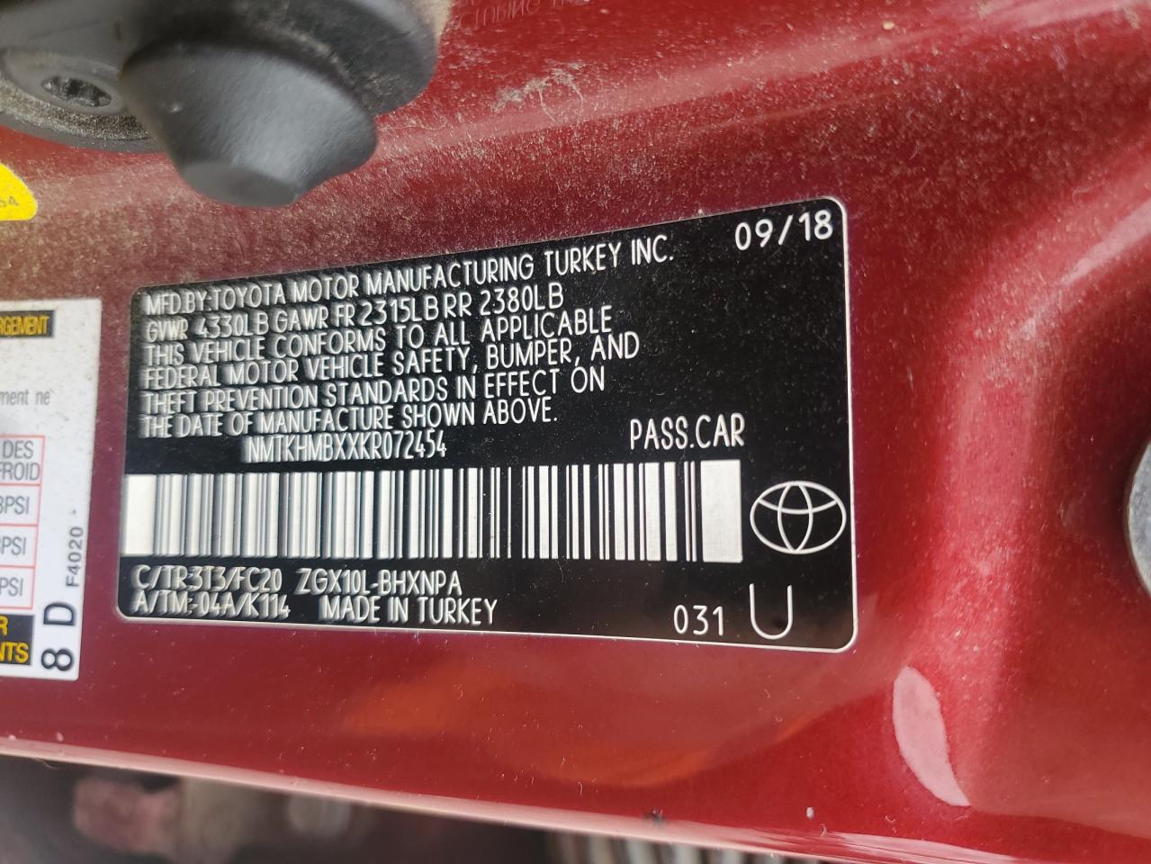 2019 Toyota C-Hr Xle VIN: NMTKHMBXXKR072454 Lot: 69594575