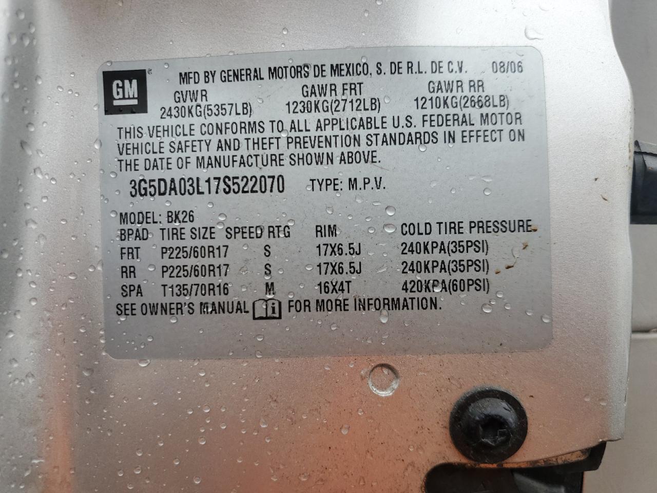 2007 Buick Rendezvous Cx VIN: 3G5DA03L17S522070 Lot: 84751665