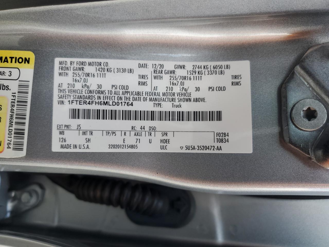 2021 Ford Ranger Xl VIN: 1FTER4FH6MLD01764 Lot: 70300625