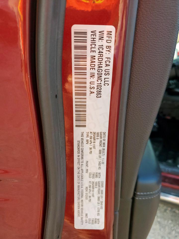 2022 Dodge Durango Sxt VIN: 1C4RDHAG0NC102863 Lot: 70303445