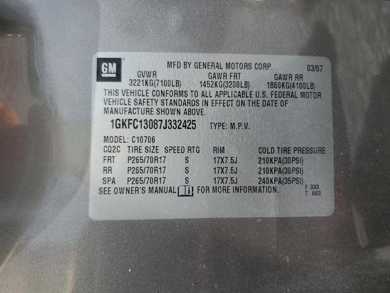 2007 GMC Yukon VIN: 1GKFC13087J332425 Lot: 67978045